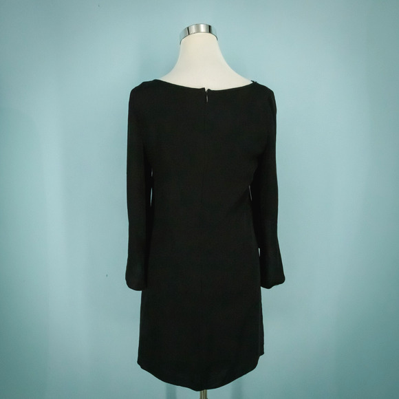 Milly Size 4 Black V Neck Long Tulip Sleeve Sheath Style Lined 100% Silk Dress - Picture 3 of 7
